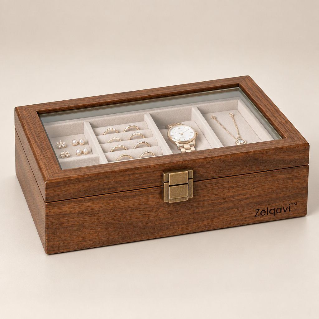 Zelqavi™ Wooden Jewelry Box with Glass Top image 01